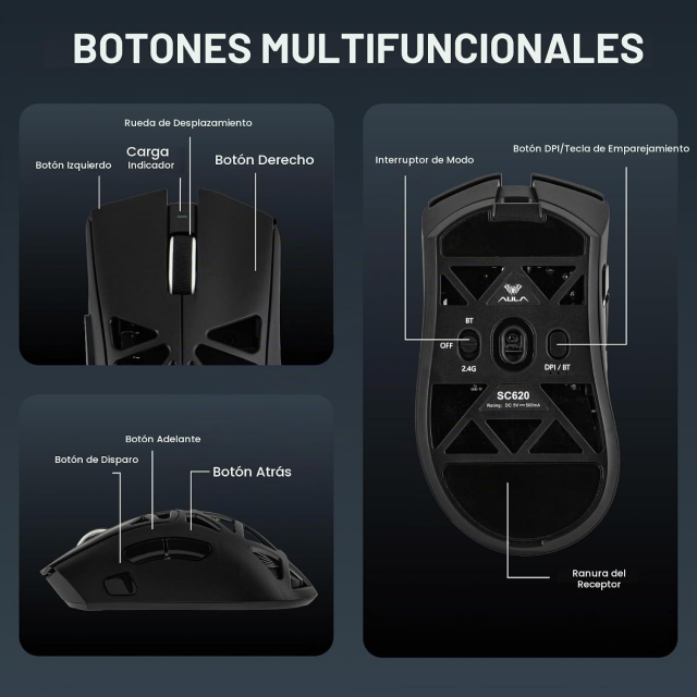 Mouse Gamer Inalámbrico AULA Wind SC620 | Máx. 12000 DPI | 1000Hz | Sensor Óptico PixArt PAW3311 | 67g | 8 Botones | 2.4GHz / Bluetooth / USB | RGB | Negro | SC620 Black