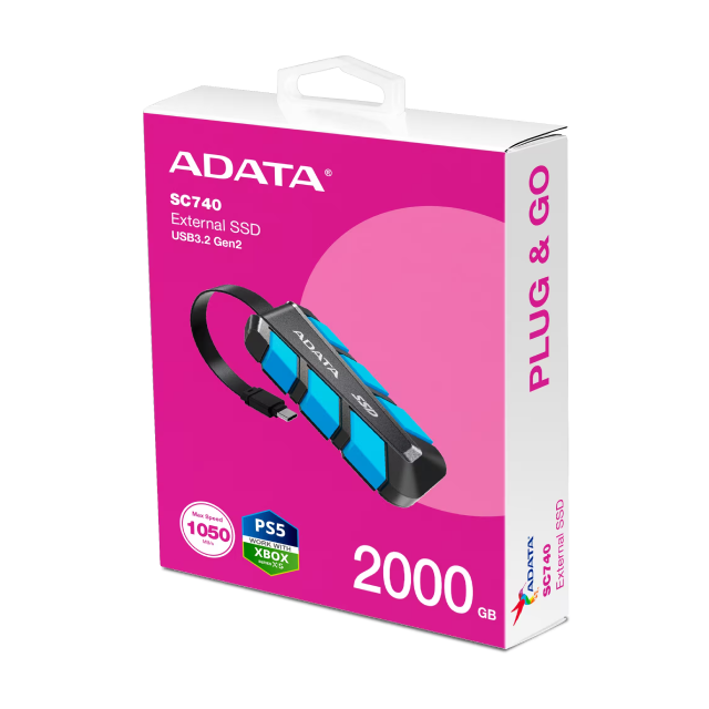 Unidad SSD Externa ADATA SC740 | 2TB | USB-C 3.2 | Hasta 1050MB/s | Windows / MacOS / Linux / Android | Azul | SC740-2000G-CBU