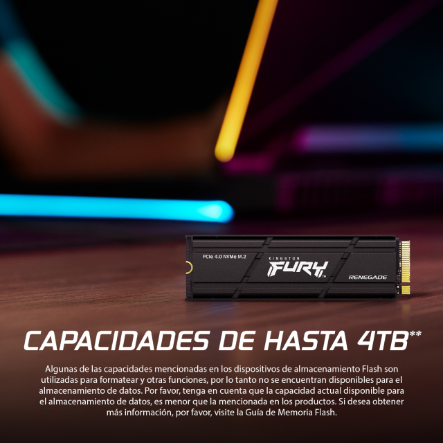 Unidad SSD Kingston FURY Renegade | 4 TB | M.2 | NVMe | 7,000 MB/s Escritura | 7,300 MB/s Lectura | PCI Express 4.0 | Compatible con PS5 | SFYRDK/4000G