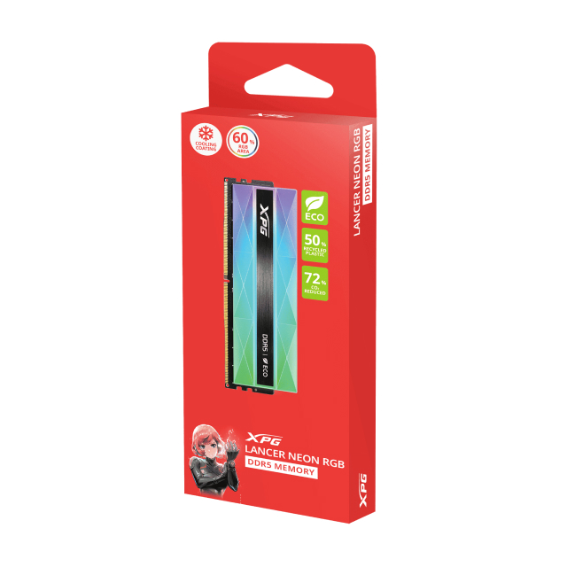 Memoria RAM ADATA XPG LANCER NEON RGB DDR5 | 16GB | DDR5 | On-die ECC | 6000 MT/s | CL30 | XMP / EXPO | 60% RGB | Negro | AX5U6000C3016G-CLANRSG