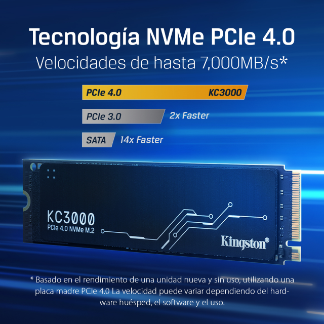 Unidad SSD Kingston KC3000 | 2 TB | M.2 | NVMe | 7,000 MB/s Escritura | 7,000 MB/s Lectura | PCI Express 4.0 | SKC3000D/2048G