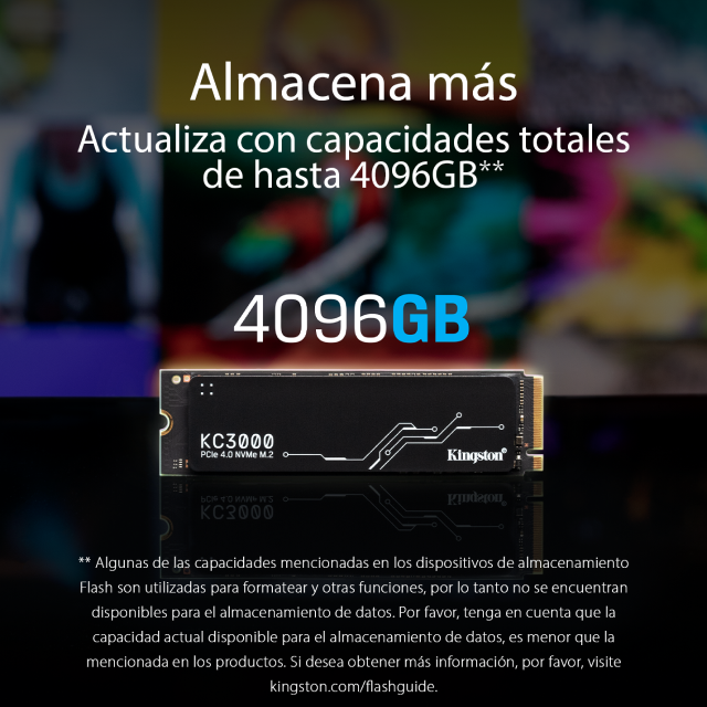 Unidad SSD Kingston KC3000 | 1 TB | M.2 | NVMe | 6,000 MB/s Escritura | 7,000 MB/s Lectura | PCI Express 4.0 | SKC3000S/1024G
