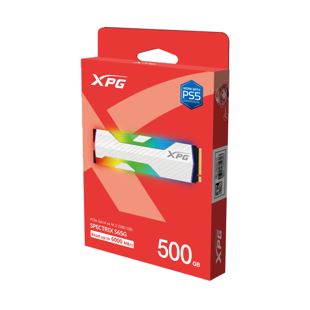 Unidad SSD ADATA XPG SPECTRIX S65G | 500GB | M.2 2280 | NVMe 1.4 | 4 x PCIe 4.0 | 5000MB/s Lectura | 2700MB/s Escritura | Compatible con PS5 | ARGB | Blanco | SSPECTRIXS65G-500G-CI