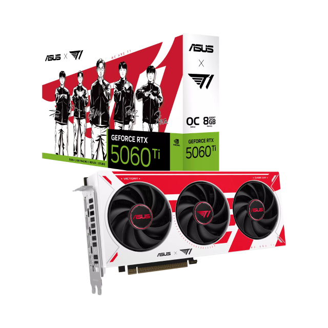 Tarjeta de Video ASUS T1 NVIDIA GeForce RTX 5060 Ti OC Edition | 8GB GDDR7 | PCIe 5.0 | 128 Bits | 1 x HDMI / 3 x DisplayPort | RGB | Blanco / Rojo | T1-RTX5060TI-O8G-GAMING