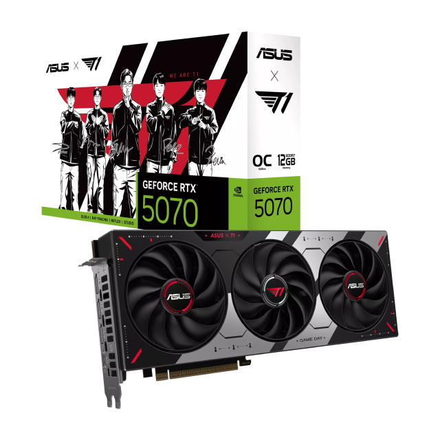 Tarjeta de Video ASUS T1 NVIDIA GeForce RTX 5070 OC Edition | 12GB GDDR7 | PCIe 5.0 | 192 Bits | 1 x HDMI / 3 x DisplayPort | ARGB | Negro / Blanco / Rojo | T1-RTX5070-O12G-GAMING