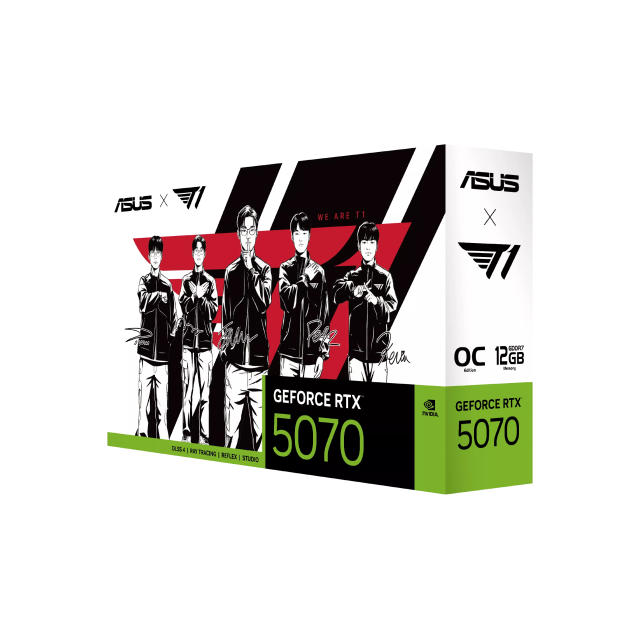 Tarjeta de Video ASUS T1 NVIDIA GeForce RTX 5070 OC Edition | 12GB GDDR7 | PCIe 5.0 | 192 Bits | 1 x HDMI / 3 x DisplayPort | ARGB | Negro / Blanco / Rojo | T1-RTX5070-O12G-GAMING