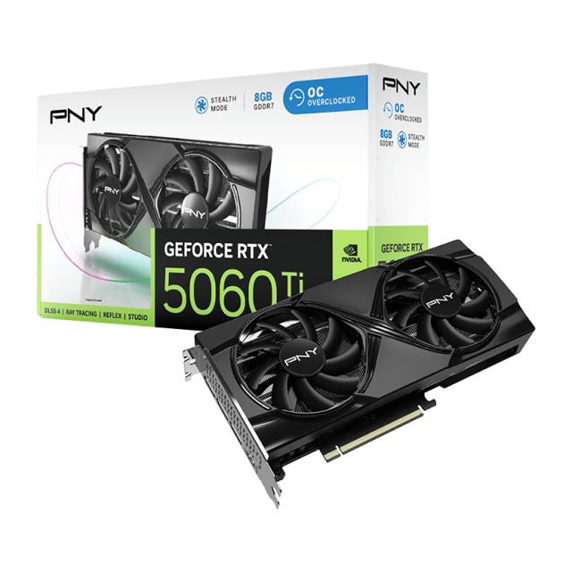 Tarjeta de Video PNY GeForce RTX 5060 Ti Dual Fan OC | 8GB GDDR7 | PCI Express 5.0 | 128 Bits | DisplayPort x3 / HDMI x1 | Negro | VCG5060T8DFXPB1-O