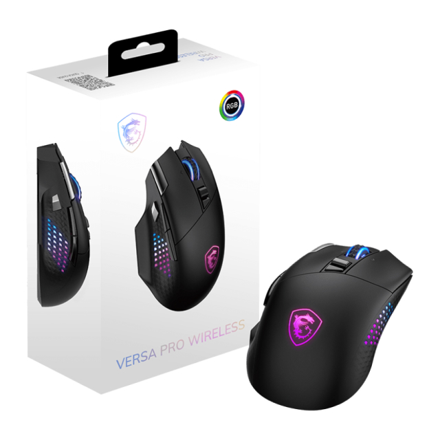 Mouse Gamer Inalámbrico MSI VERSA PRO WIRELESS | Hasta 80 Horas de Batería | Sensor Óptico OMRON | 13 Botones Programables | MSI SWIFTSPEED 2.4GHz / Bluetooth 5.3 / Alámbrico USB 2.0 | RGB | Negro | VERSA PRO W