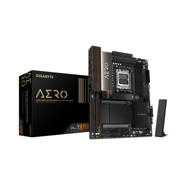 Tarjeta Madre GIGABYTE X870E AERO X3D WOOD | ATX | Socket AM5 | Chipset AMD X870E | DDR5 (Hasta 256GB) | 1 X HDMI / 2 x USB-C | Wi-Fi 7 | Bluetooth 5.4 | Detalles de Madera | Negro | X870E AERO X DK WOOD