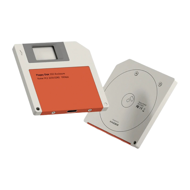 Enclosure Hagibis M.2 NVMe | Carcasa para SSD M.2 2230 / 2242 | PCIe NVMe | Conexión USB-C | USB 3.2 Gen 2 | 10 Gbps | Estilo Retro Floppy Disk | Gris / Naranja | YPHN02-ORA