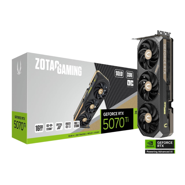 Tarjeta de Video ZOTAC GAMING GeForce RTX 5070 Ti SOLID CORE OC | 16GB GDDR7 | PCI Express 5.0 | 256 Bits | Negro | ZT-B50710J2-10P