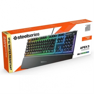 Teclado alámbrico SteelSeries Apex 3 | RGB | Switch silencioso | IP32 | Inglés | Reposa muñecas | KB-00014