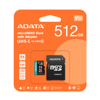 Tarjeta de Memoria MicroSDXC Adata Premier Pro | 512GB | UHS-I U3 | Clase 10 | Clase V30 | AUSDX512GUI3V30SA2-RA1