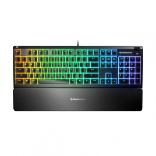 Teclado de Membrana Alámbrico SteelSeries Apex 3 | Full Size | RGB | Switch silencioso | IP32 Resistente al Agua | Inglés | Reposa Muñecas Removible | US 64795