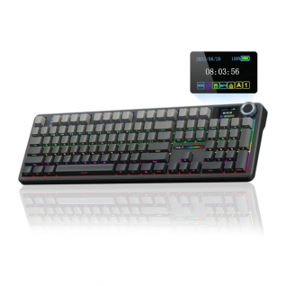 Teclado Mec&aacute;nico Inal&aacute;mbrico AULA Wind F108 PRO | Completo / 100% | Switch Lineal Zephyr | Hot Swap | Pantalla LCD | Perilla Multimedia | 2.4 GHz / Bluetooth 5.0 / USB | Ingl&eacute;s | RGB | Gris / Negro | GRADIENT GRAY + ZEPHYR SWITCH V3 F108 PRO
