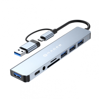 HUB Multipuerto Naceb NA-0149 | Conexi&oacute;n a PC USB-C / USB-A | 1 Puerto USB 3.0 / 3 Puertos USB 2.0 / 1 Puerto USB-C / 1 Puerto MicroSD / 1 Puerto SD / 1 Jack 3.5mm | Windows / iOS / Android | Plata | NA-0149