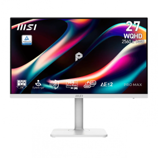 Monitor Plano MSI PRO MAX 271QPHW E14 | 27" | 2560 x 1440 (WQHD) | IPS | 144Hz | 1ms (MPRT) / 4ms (GTG) | AMD FreeSync / HDR Ready | Bocinas Integradas | HDMI 2.0 / DisplayPort 1.2 / USB-C / USB-A / Jack 3.5mm | Blanco | PRO MAX 271QPHW E14
