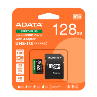 Memoria microSDXC/SDHC ADATA Speed Plus | 128GB | UHS-I U3 Clase 10 | Clase V30 | A2 | 100MB/s Lectura | 85MB/s Escritura | Incluye Adaptador | UD128GUI3V30A2SP-RA1